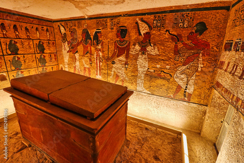 Sarcophagus of Pharoah Tutankhamun with wall reliefs from the Book of the Dead inside the famous Tomb of Tutankhamun,KV62,discovered by Howard Carter in 1922 in the Valley of Kings at Luxor,Egypt