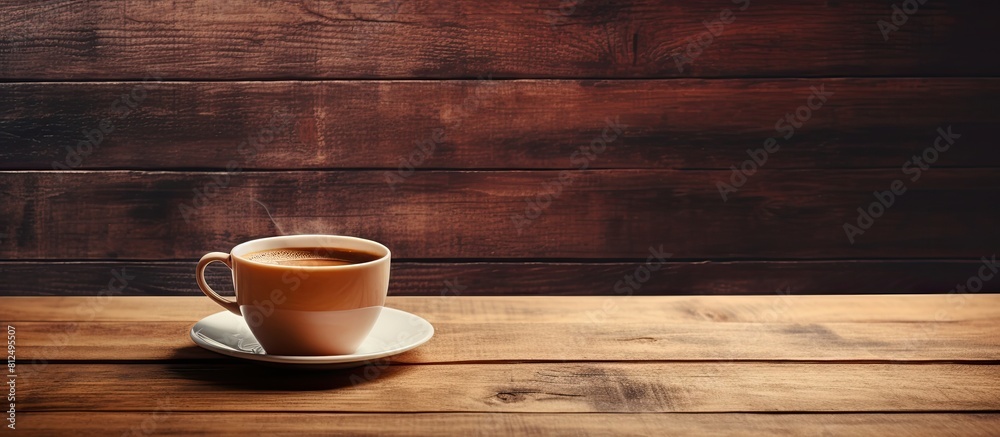 Copy space image of a coffee cup on a wooden table backdrop Copy space image of a coffee cup on a wooden table backdrop