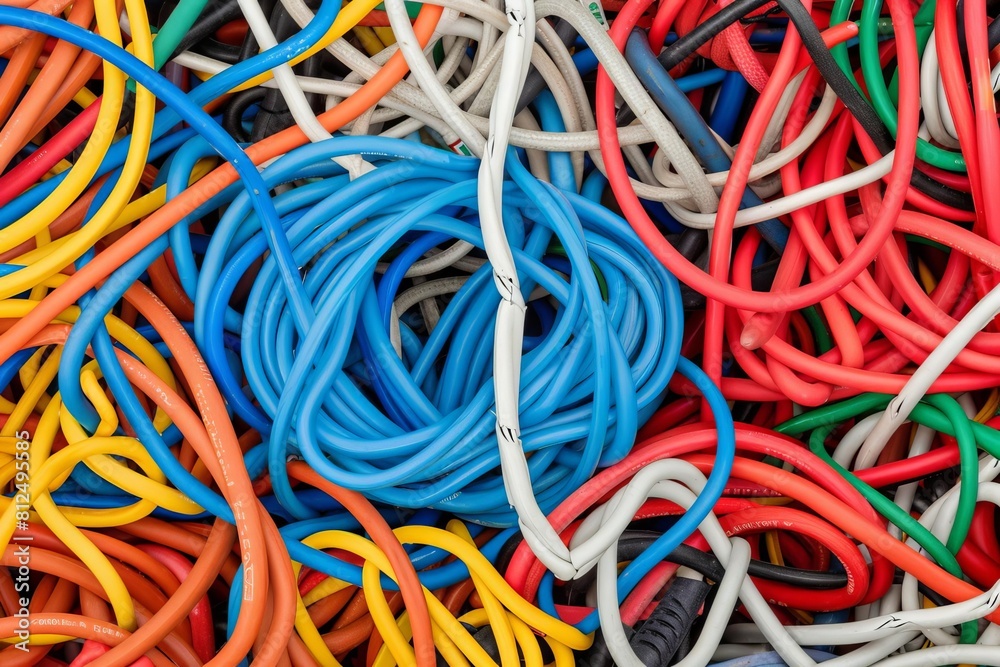 Capture the intricate pattern of tangled wires in a closeup shot, emphasizing the confusion and jumble of cables Capture the intricate pattern of tangled wires in a closeup shot, emphasizing the confusion and jumble of cables