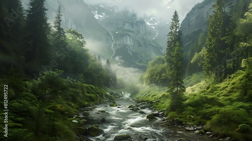A peaceful woodland scene with a meandering stream flowing through a valley, flanked by towering mountains and a dense forest of trees in varying shades of green, creating a scene of nature.  photo