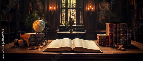 Open book on a wooden library table surrounded by a scholarly atmosphere, suitable for cover art or educational material photo