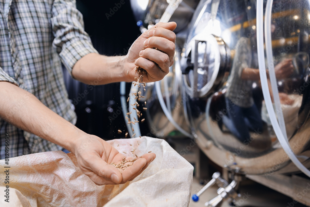 Brewery factory banner, Brewer hold barley seeds and control raw material for quality. Brewing craft beer in tank technology Brewery factory banner, Brewer hold barley seeds and control raw material for quality. Brewing craft beer in tank technology