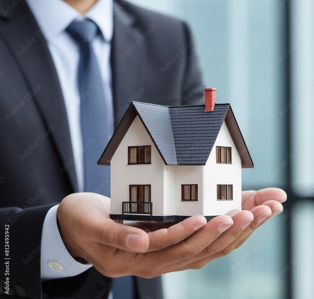 close up businessman holding model house, business finance, investment, real estate concept close up businessman holding model house, business finance, investment, real estate concept