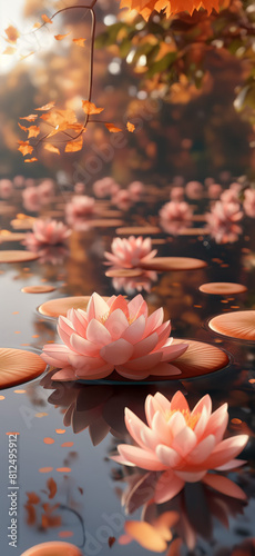 The image shows a beautiful pond with pink lotus in full bloom photo