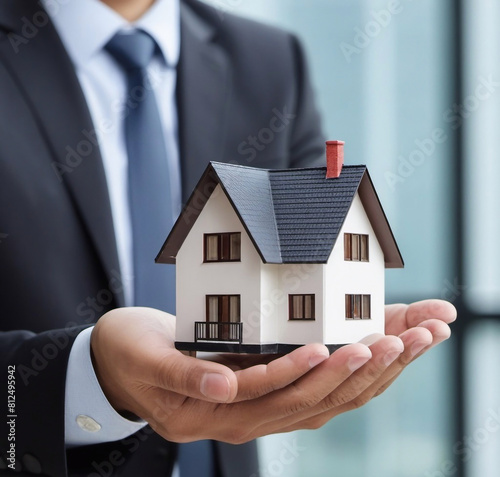 close up businessman holding model house, business finance, investment, real estate concept