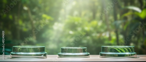 Clear glass podium set against a blurred natural background, suitable for showcasing small objects or jewelry designs photo