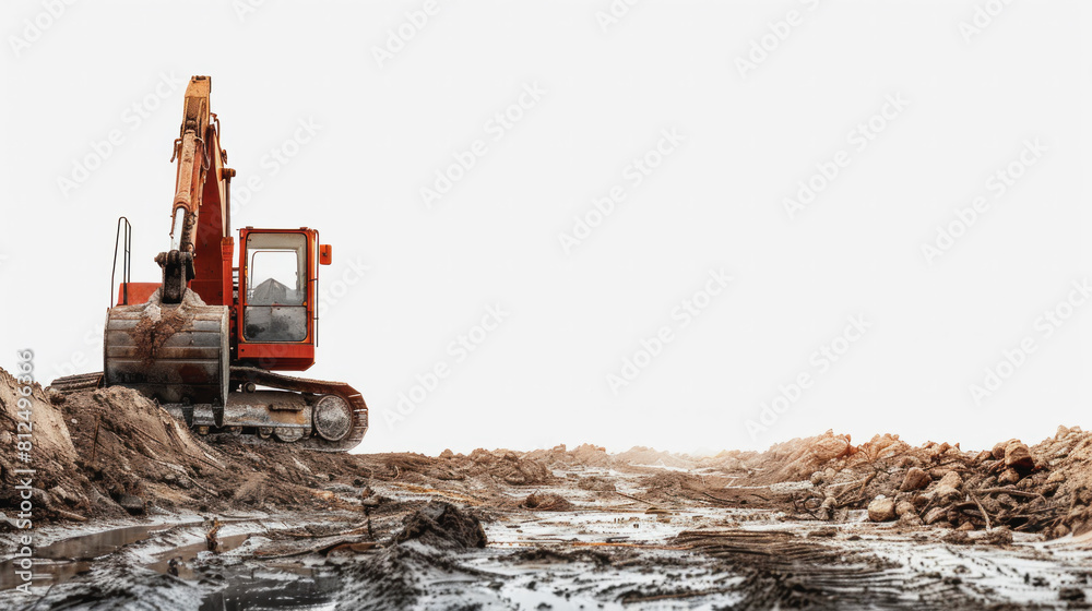 A red construction vehicle is driving through a muddy field. The muddy terrain and the red color of the vehicle create a sense of ruggedness and determination