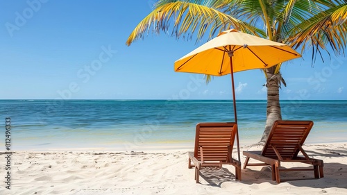 Create a vibrant beach scenery background with colorful umbrellas  sun loungers  and palm trees  capturing the essence of a tropical paradise