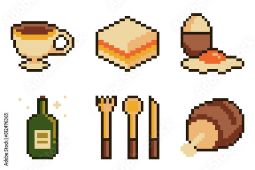 Pixel Icon Mini Set of Old-Fashioned Breakfast
