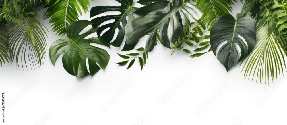 A copy space image featuring realistic tropical leaves with a natural shadow overlay on a white textured background perfect for product presentation backdrop and mockup A copy space image featuring realistic tropical leaves with a natural shadow overlay on a white textured background perfect for product presentation backdrop and mockup