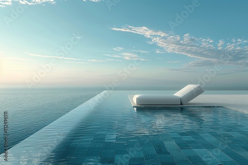 Minimalist poolside lounge with a single white chaise lounge and a geometric infinity pool. photo