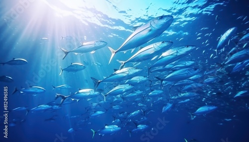 Groups of giant Tuna fish in the underwater, coral reef, amazing underwater life, various fish and exotic coral reefs, ocean wild creatures background