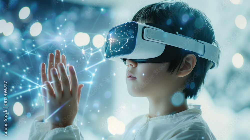 A young girl wearing a virtual reality headset is playing a game. Concept of excitement and adventure as the girl immerses herself in the virtual world A young girl wearing a virtual reality headset is playing a game. Concept of excitement and adventure as the girl immerses herself in the virtual world