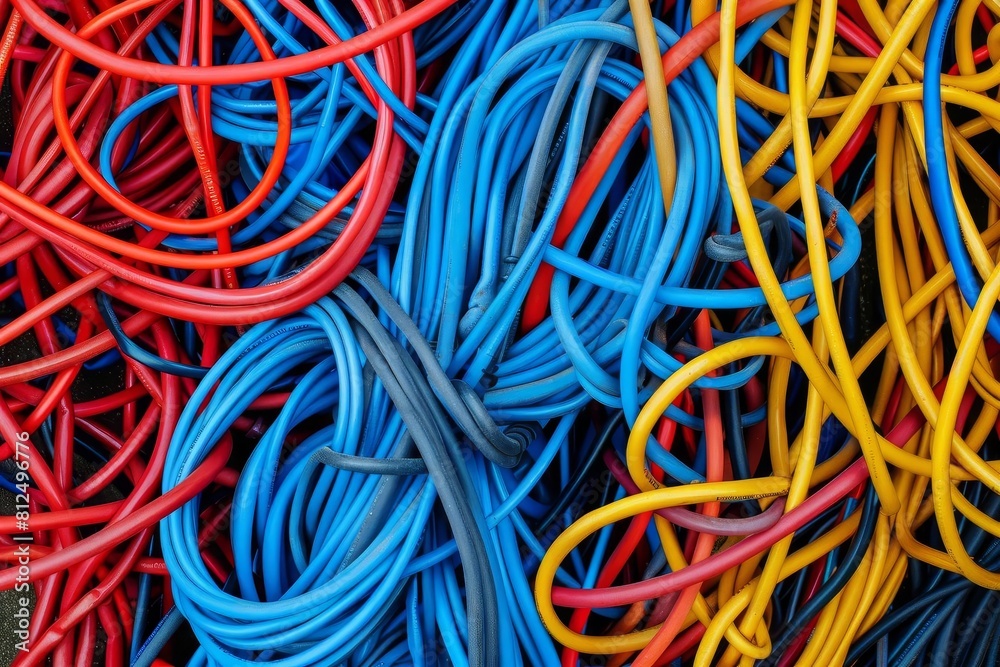 Paint a vivid picture of tangled wires in a messy heap, conveying the frustration and challenge of organizing them Paint a vivid picture of tangled wires in a messy heap, conveying the frustration and challenge of organizing them