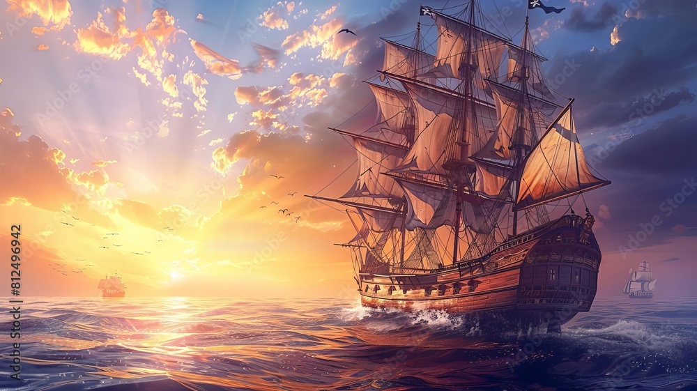 Illustrate a stunning image of a pirate ship sailing on calm waters at sunset, the sky ablaze with vibrant colors, reflecting the excitement and freedom of the open sea Illustrate a stunning image of a pirate ship sailing on calm waters at sunset, the sky ablaze with vibrant colors, reflecting the excitement and freedom of the open sea
