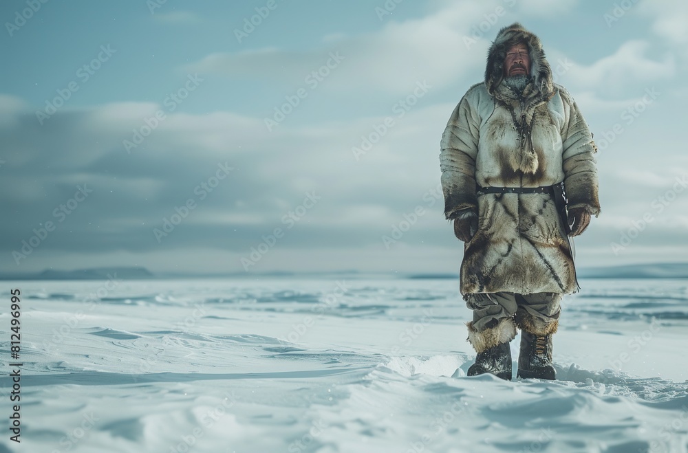 An Inuit man in fur and leather stands in Arctic snowscape.