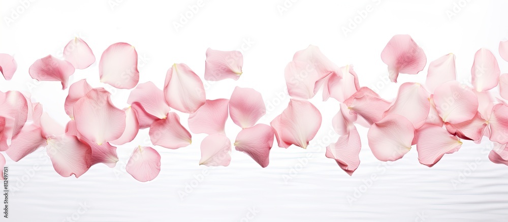 Image of pink rose petals gracefully floating in the air against a pristine white backdrop with ample copy space