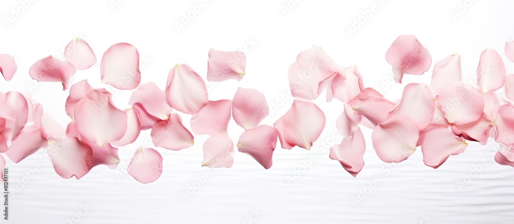 Image of pink rose petals gracefully floating in the air against a pristine white backdrop with ample copy space Image of pink rose petals gracefully floating in the air against a pristine white backdrop with ample copy space