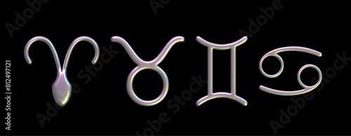 Zodiac signs Chrome metallic round icons set astrology symbols for horoscope template. Glossy metal zodiac buttons isolated on black background. Aries. Taurus. Gemini. Cancer. 3D vector illustration.