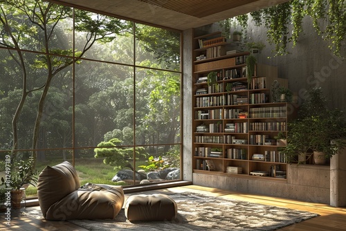 Minimalist reading nook with a built-in bookshelf and a plush armchair overlooking a Zen garden. photo