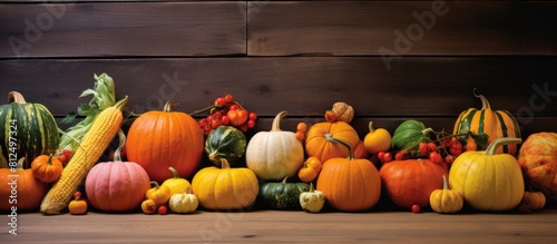 Copy space image of the fall harvest featuring pumpkins squash and a wooden background with toning