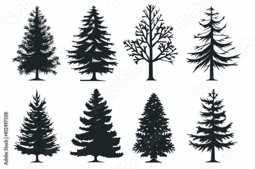  Black vector icons set of pine tree  Christmas trees on white background with reflection. Vector illustration