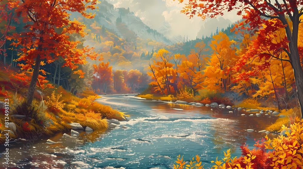 A picturesque autumn landscape with fiery foliage ablaze, framing a peaceful river winding its way through the colorful forest, creating a scene of natural beauty