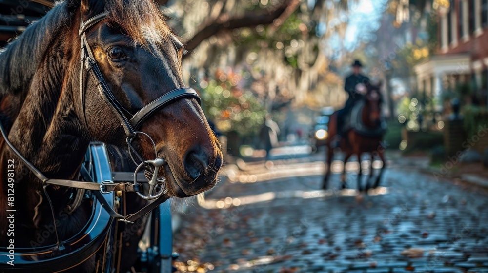 Obraz premium The horse-drawn carriage rides through the historic district of a southern city.