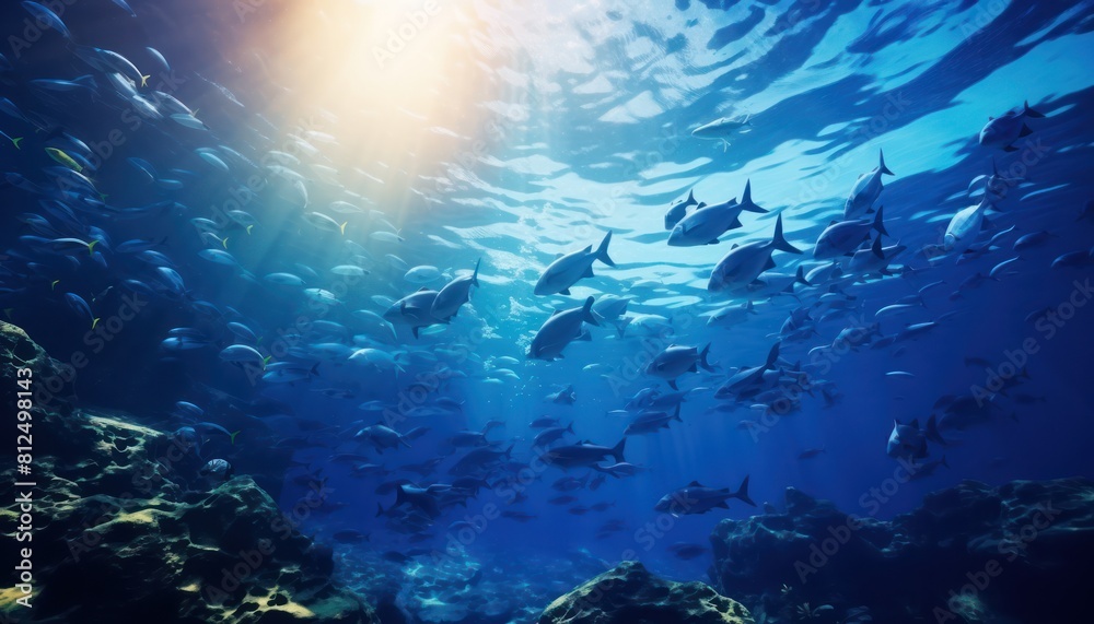 Fototapeta premium Groups of giant Tuna fish in the underwater, coral reef, amazing underwater life, various fish and exotic coral reefs, ocean wild creatures background