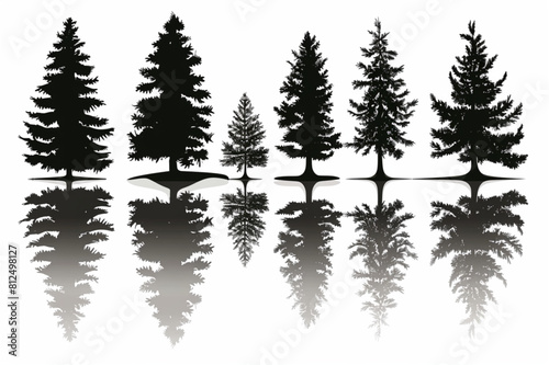 Black vector pine tree icons set on white background, collection of simple symbols for nature concept design. Flat illustration with reflection and shadow effect