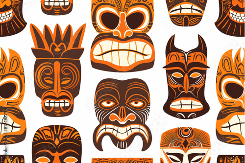  vector tiki pattern, simple vector illustration of traditional Hawaiian totems and masks in earth tones on a white background