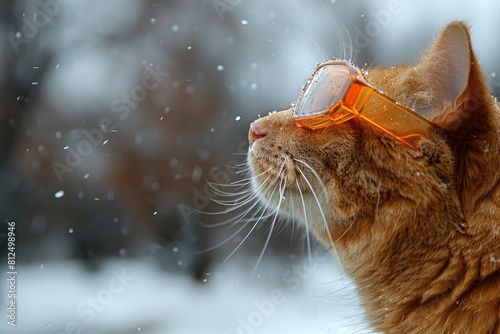 Felidae wearing goggles explores snowy landscape with small to mediumsized cats photo