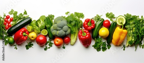 Copy space image of a top view of a vibrant arrangement of green vegetables like bell peppers cucumbers and arugula salad accompanied by a fresh apple on a white background