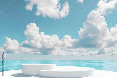 3D podium with copy space for product display presentation on beach with blue sky and white clouds abstract background podium. Generative Ai.