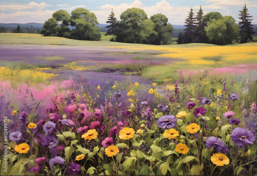 Fototapeta premium The meadow is a canvas of green, dotted with pops of purple, yellow, and pink, each plant a brushstroke in a stunning work of art.