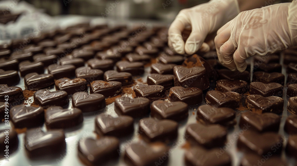 A chocolatier crafting personalized chocolate hearts with initials engraved on the surface, perfect for wedding favors. A chocolatier crafting personalized chocolate hearts with initials engraved on the surface, perfect for wedding favors.