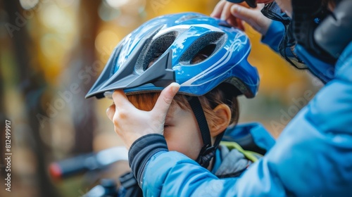 A young boy getting ready to ride his bike and his father is helping him put on his helmet. photo