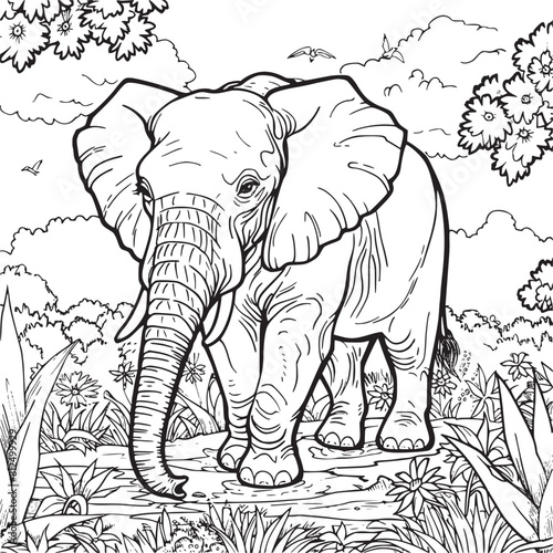 Kids coloring book with cute elephant  trees and flowers. Simple shapes  contour for small children. Cartoon vector.