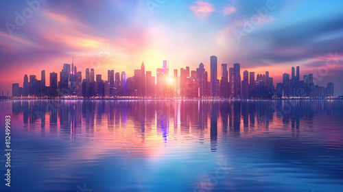 3D Rendering of city scape. Large tall buildings and glowing signs reflection on river. View from dock port. For business product advertising  technology  transport background.
