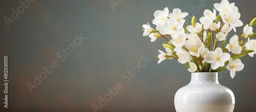 A beautiful vase with white freesia flowers is displayed on the table creating an elegant arrangement with a spacious background 139 characters. Creative banner. Copyspace image