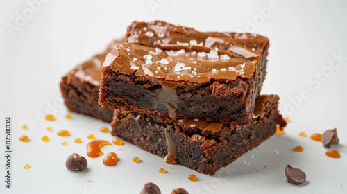 Salted Caramel Brownies on white surface, isolated on white background. 