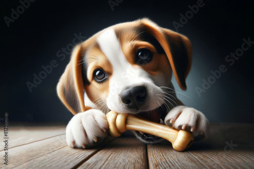 Cute beagle puppy gnawing chewing bone closeup portrait photo