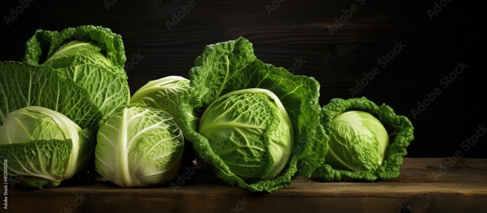 Fototapeta premium On a dark wooden table there is a copy space image featuring fresh and ripe Chinese cabbages arranged in a fat layer providing space for text