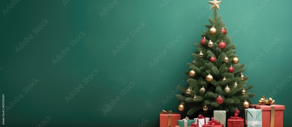 Fototapeta premium There is a copy space image featuring gift boxes placed under a beautifully adorned Christmas tree standing near a vibrant green wall
