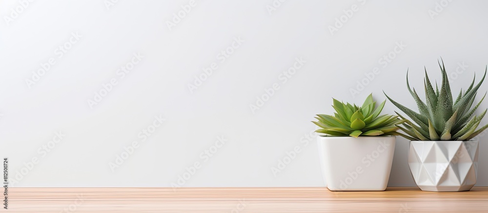 A white desk is positioned against an empty wall adorned with a geometric pattern creating a perfect spot for text The image features green succulents and bonsai on a wooden stand forming a striking A white desk is positioned against an empty wall adorned with a geometric pattern creating a perfect spot for text The image features green succulents and bonsai on a wooden stand forming a striking