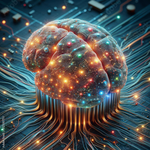 Artificial illuminated brain connected to wires board modern technology