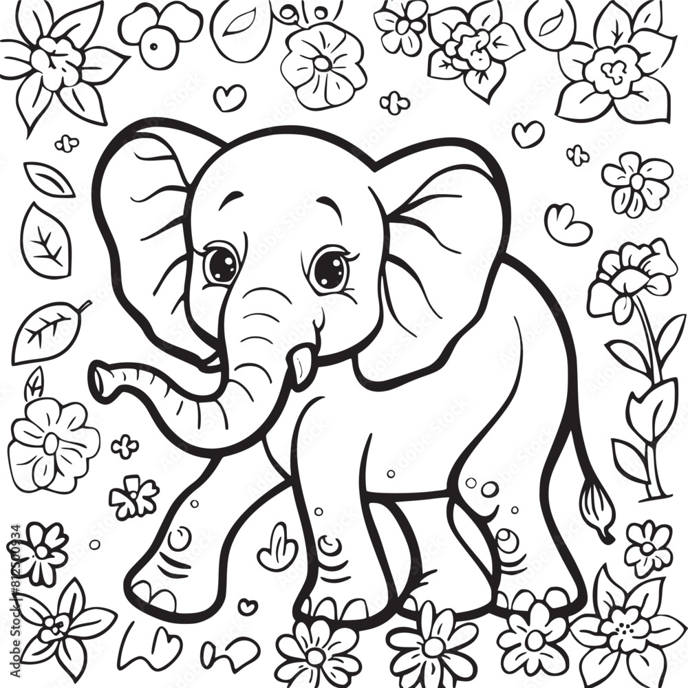 Obraz premium Kids coloring book with cute elephant, trees and flowers. Simple shapes, contour for small children. Cartoon vector.
