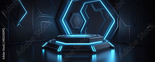 3d rendering illustration modern futuristic podium stage platform with neon lighting and black background for premium produt business technology.ai generated photo