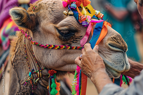 A camel with decorated head. 
