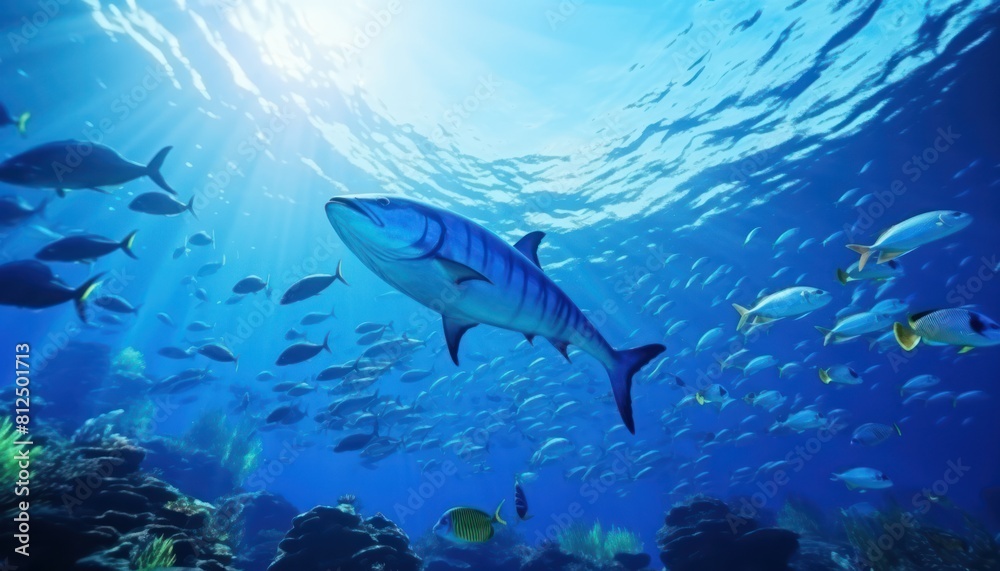 Groups of giant Tuna fish in the underwater, coral reef, amazing underwater life, various fish and exotic coral reefs, ocean wild creatures background Groups of giant Tuna fish in the underwater, coral reef, amazing underwater life, various fish and exotic coral reefs, ocean wild creatures background